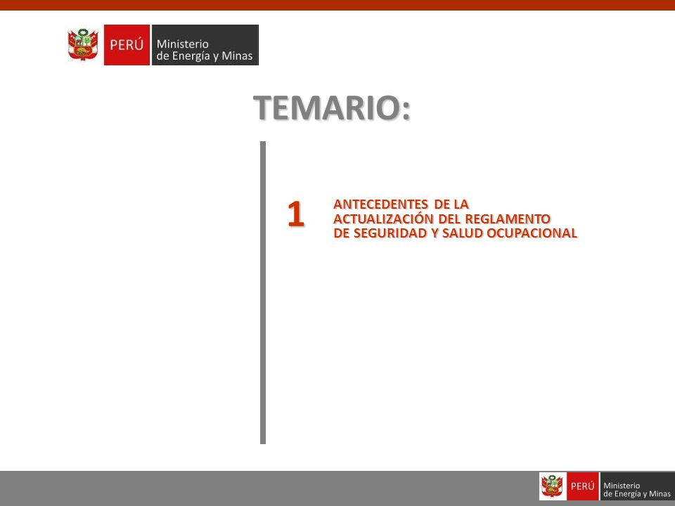 TEMARIO: 1 ANTECEDENTES DE LA ACTUALIZACIÓN DEL REGLAMENTO DE SEGURIDAD Y SALUD OCUPACIONAL