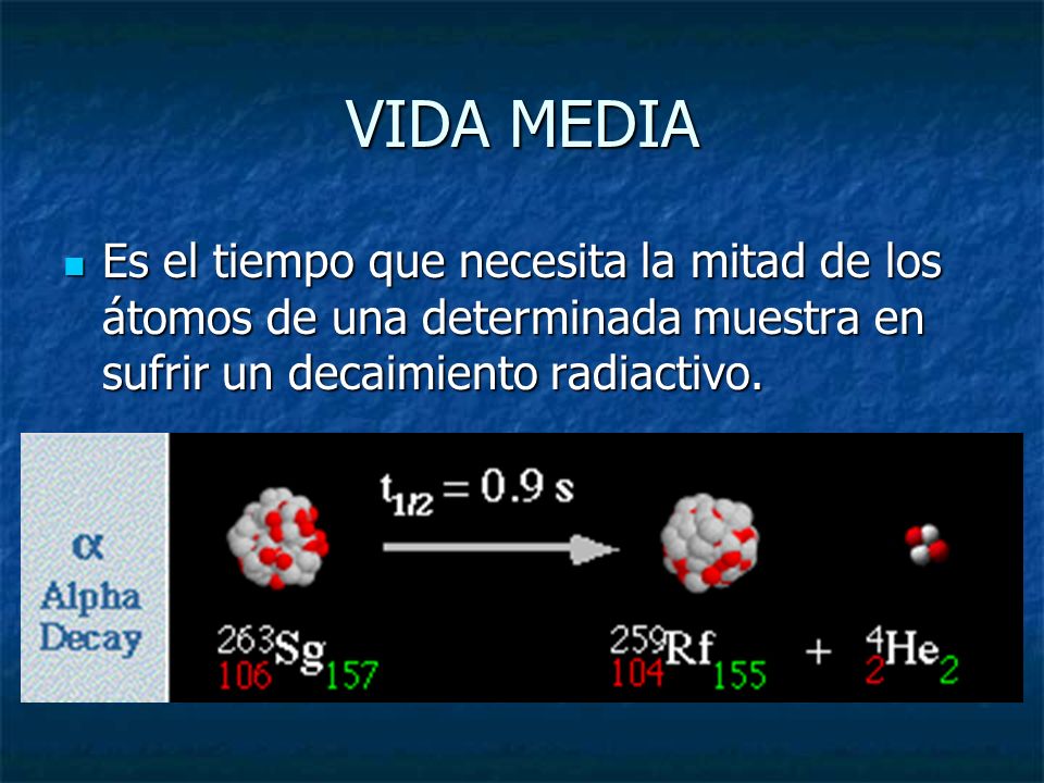 VIDA MEDIA Es el tiempo que necesita la mitad de los átomos de una determinada muestra en sufrir un decaimiento radiactivo.