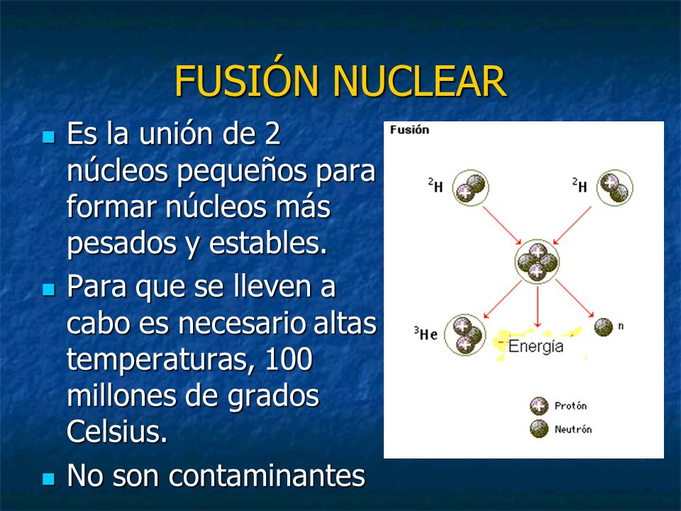 FUSIÓN NUCLEAR Es la unión de 2 núcleos pequeños para formar núcleos más pesados y estables.