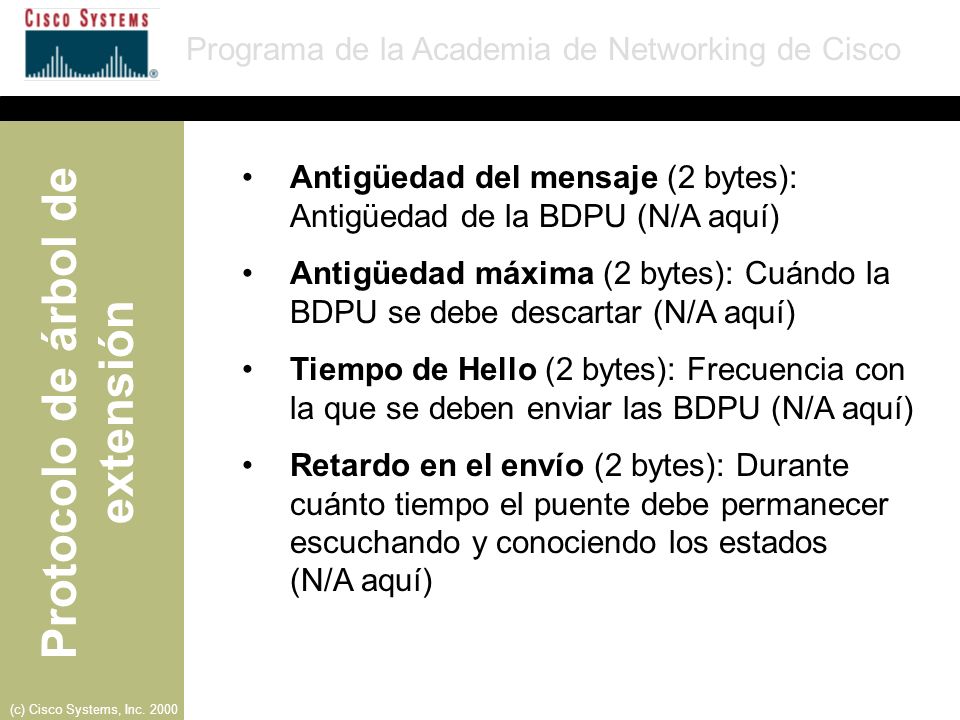 Antigüedad del mensaje (2 bytes): Antigüedad de la BDPU (N/A aquí)