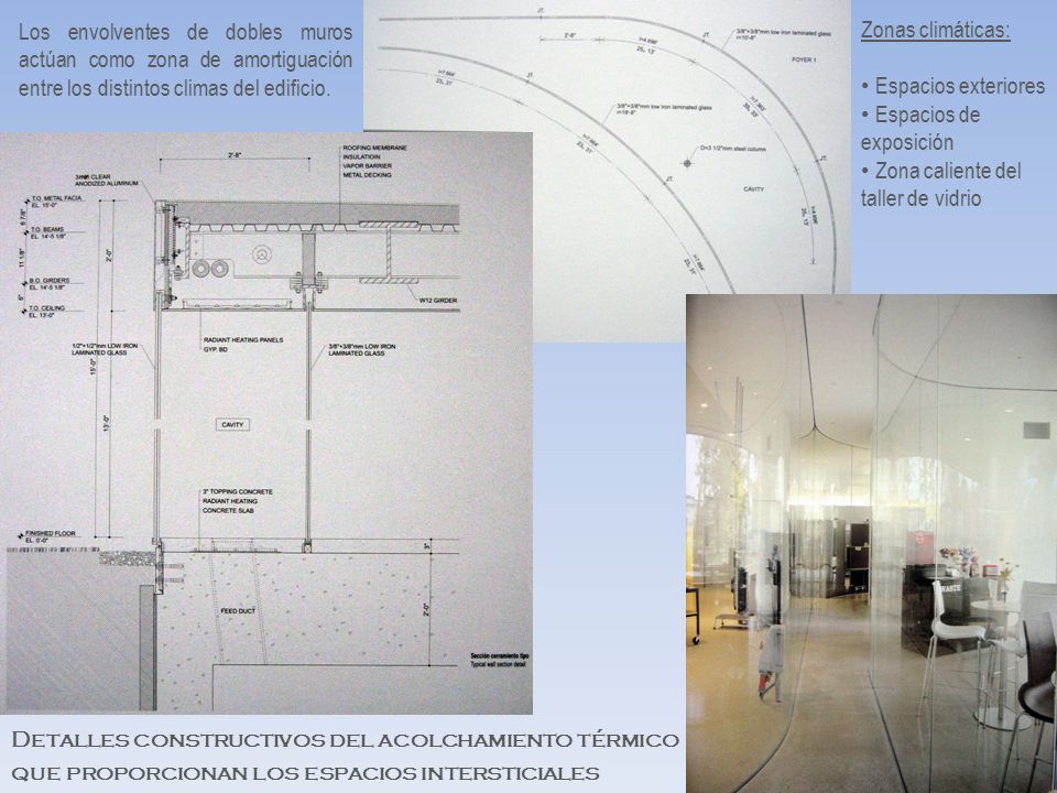 Los envolventes de dobles muros actúan como zona de amortiguación entre los distintos climas del edificio.