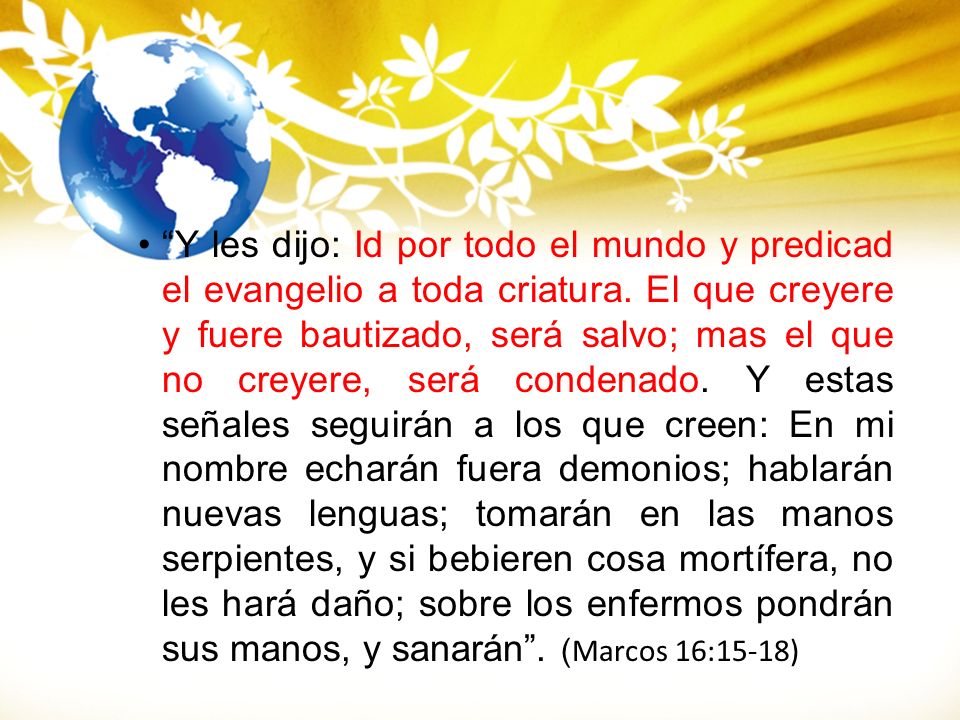 Y les dijo: Id por todo el mundo y predicad el evangelio a toda criatura.