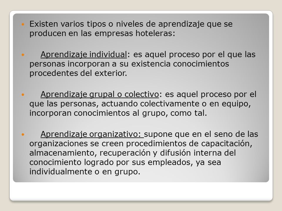 Existen varios tipos o niveles de aprendizaje que se producen en las empresas hoteleras: