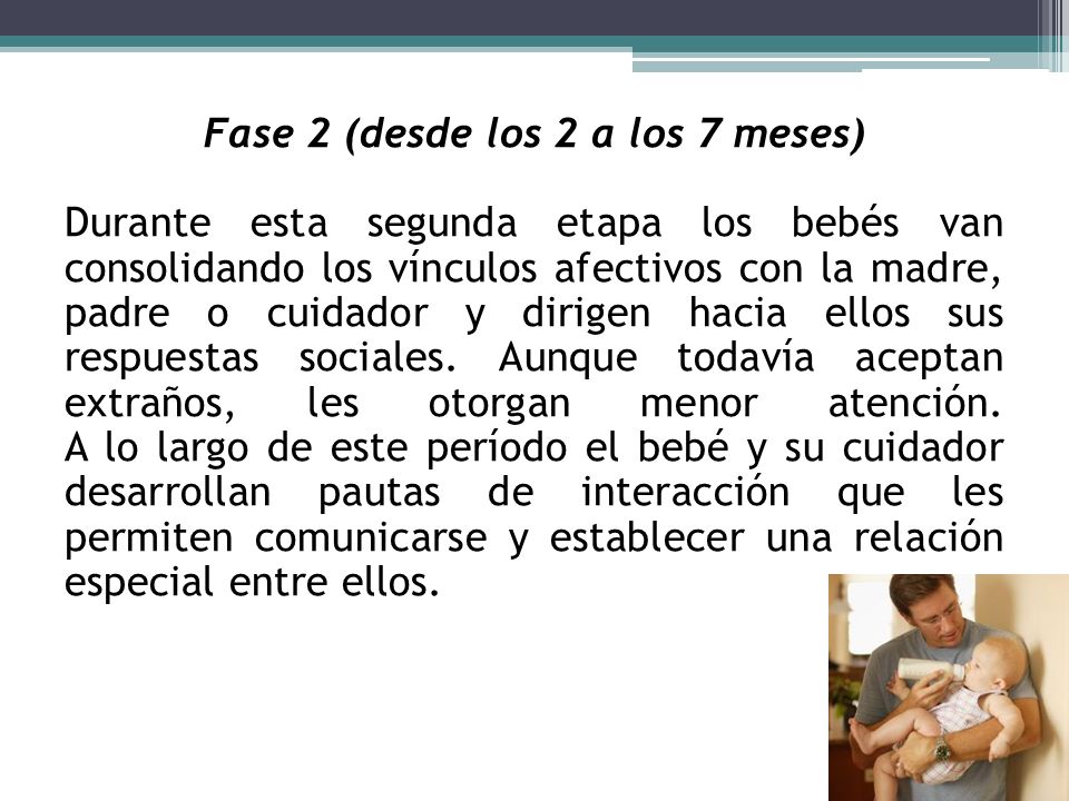 Fase 2 (desde los 2 a los 7 meses) Durante esta segunda etapa los bebés van consolidando los vínculos afectivos con la madre, padre o cuidador y dirigen hacia ellos sus respuestas sociales.