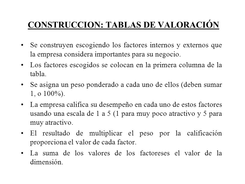 CONSTRUCCION: TABLAS DE VALORACIÓN