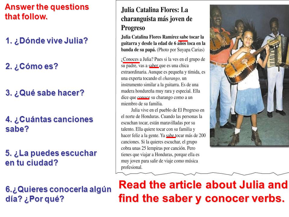 Read the article about Julia and find the saber y conocer verbs.