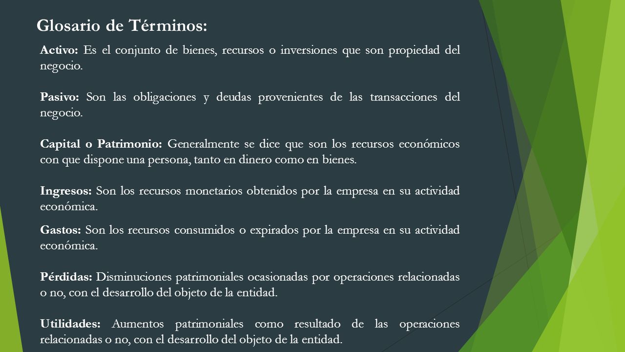 Glosario de Términos: Activo: Es el conjunto de bienes, recursos o inversiones que son propiedad del negocio.