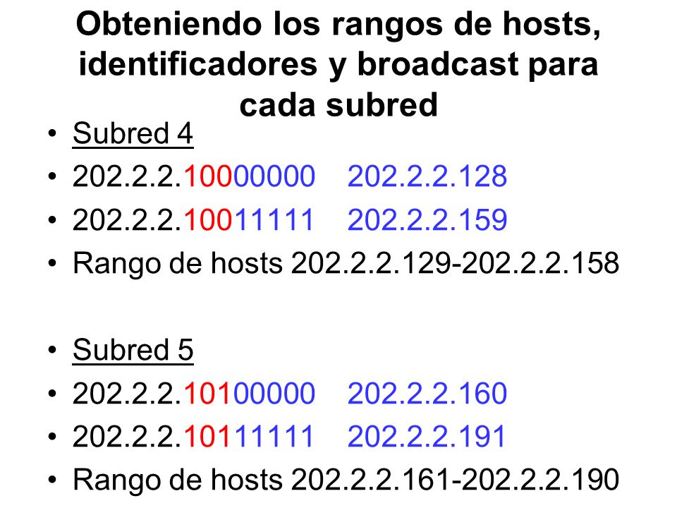 Obteniendo los rangos de hosts, identificadores y broadcast para cada subred
