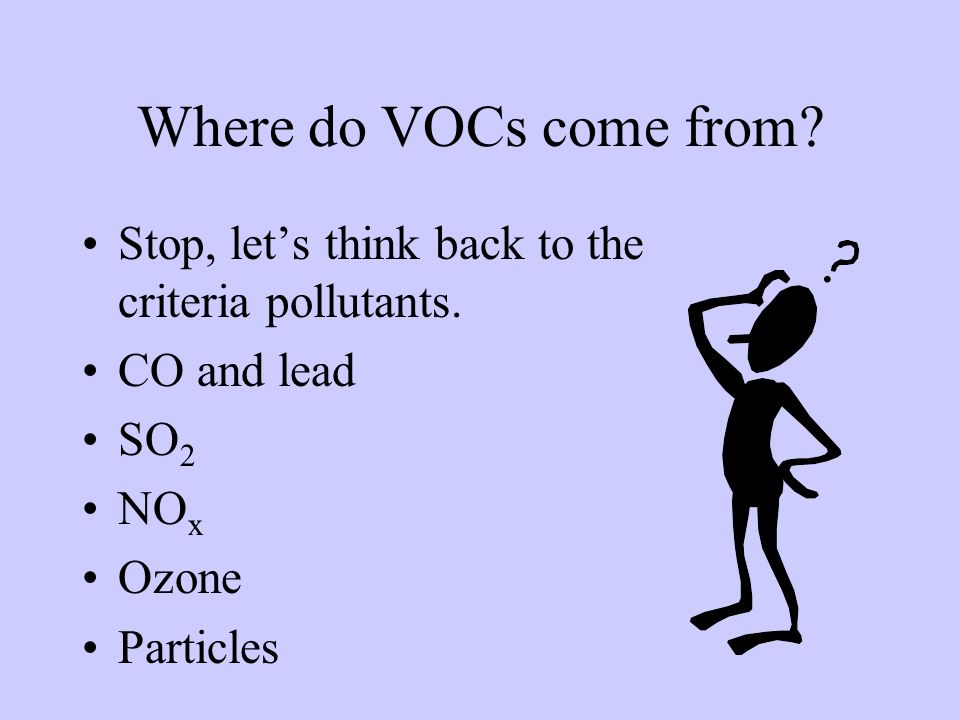 Where do VOCs come from Stop, let’s think back to the criteria pollutants. CO and lead. SO2. NOx.