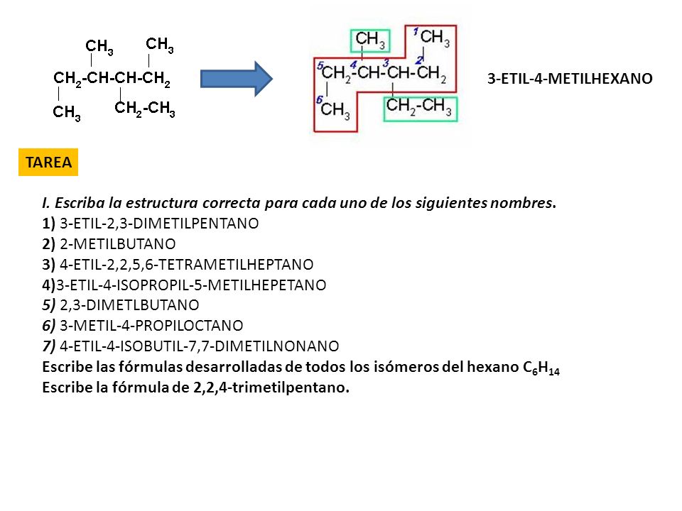 3-ETIL-4-METILHEXANO TAREA. I. Escriba la estructura correcta para cada uno de los siguientes nombres.