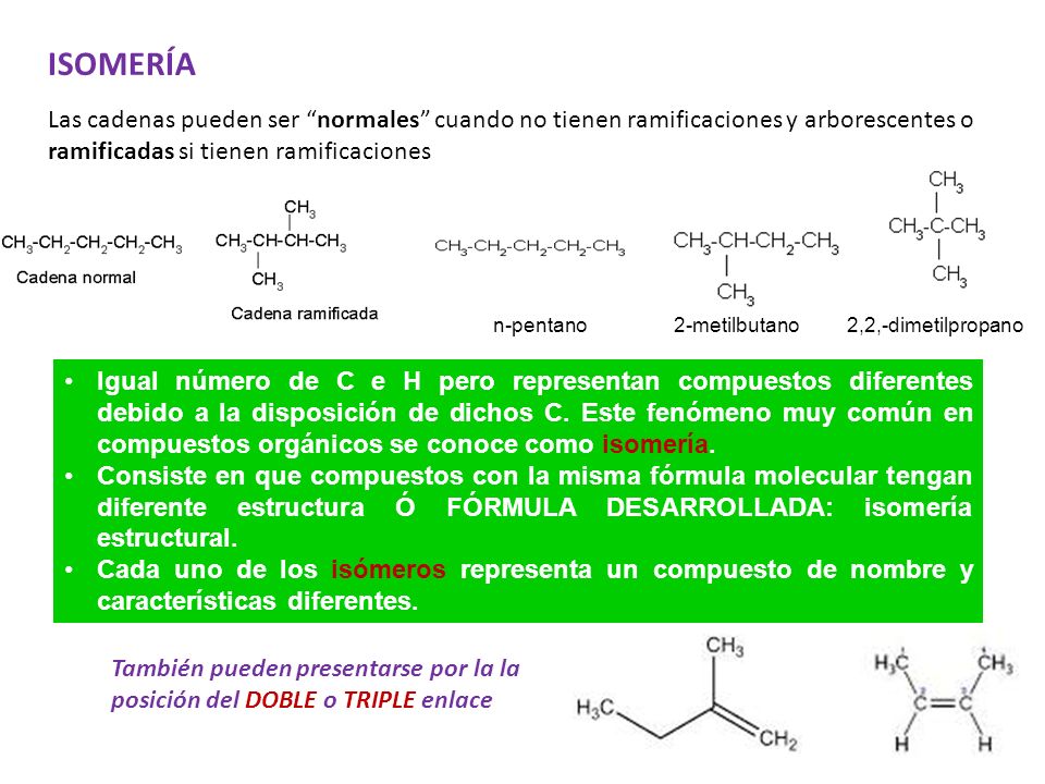 ISOMERÍA Las cadenas pueden ser normales cuando no tienen ramificaciones y arborescentes o ramificadas si tienen ramificaciones.