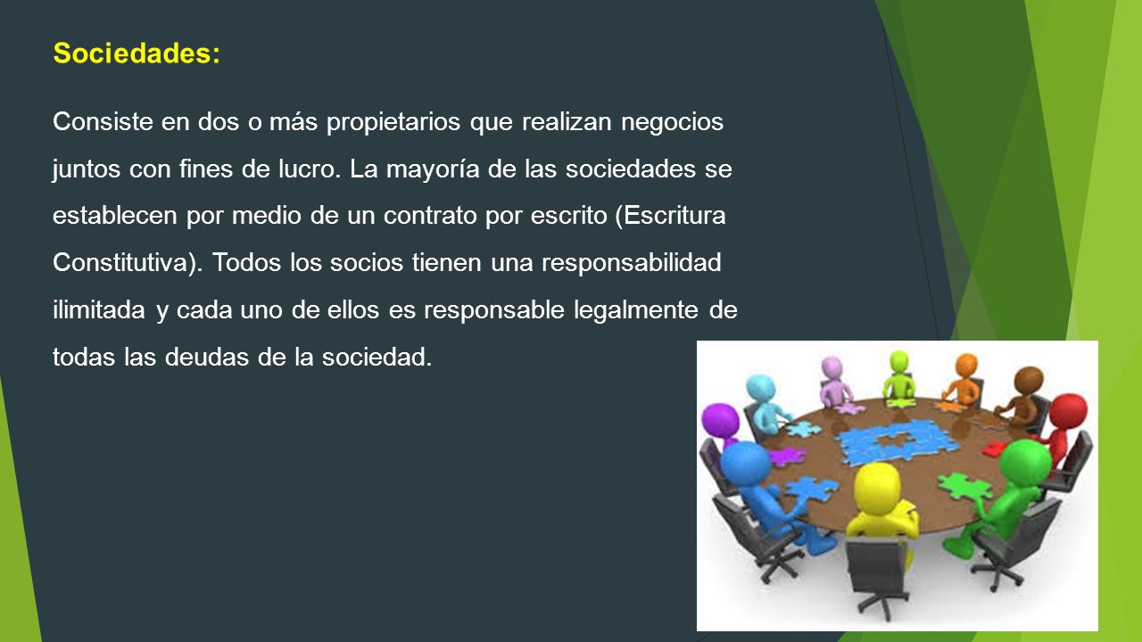 Sociedades: Consiste en dos o más propietarios que realizan negocios