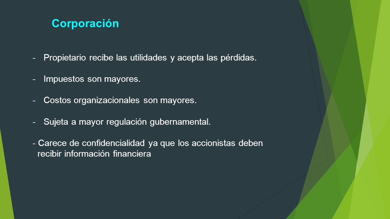 Corporación Propietario recibe las utilidades y acepta las pérdidas.