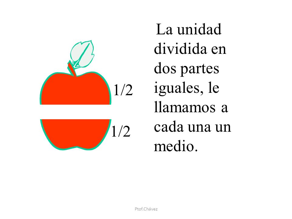 La unidad dividida en dos partes iguales, le llamamos a cada una un medio.