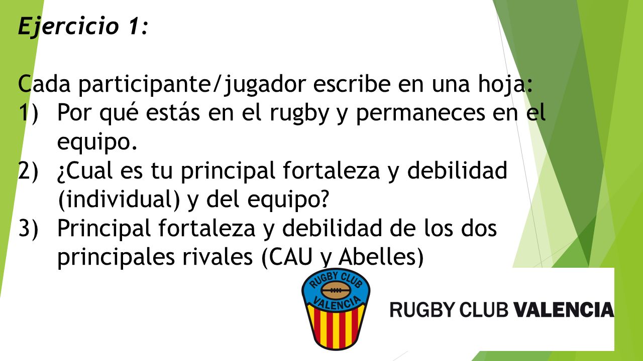 Ejercicio 1: Cada participante/jugador escribe en una hoja: Por qué estás en el rugby y permaneces en el equipo.