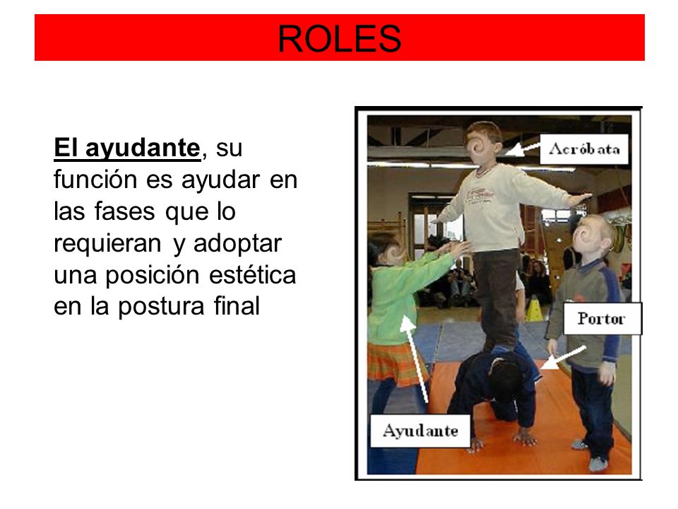 ROLES El ayudante, su función es ayudar en las fases que lo requieran y adoptar una posición estética en la postura final.