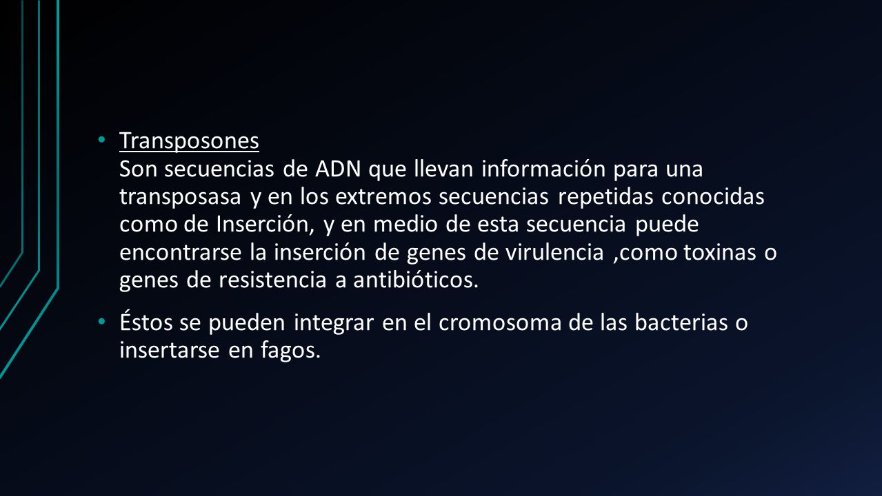 Transposones Son secuencias de ADN que llevan información para una transposasa y en los extremos secuencias repetidas conocidas como de Inserción, y en medio de esta secuencia puede encontrarse la inserción de genes de virulencia ,como toxinas o genes de resistencia a antibióticos.