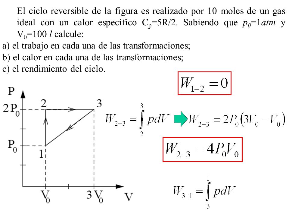 El ciclo reversible de la figura es realizado por 10 moles de un gas ideal con un calor específico Cp=5R/2. Sabiendo que p0=1atm y V0=100 l calcule: