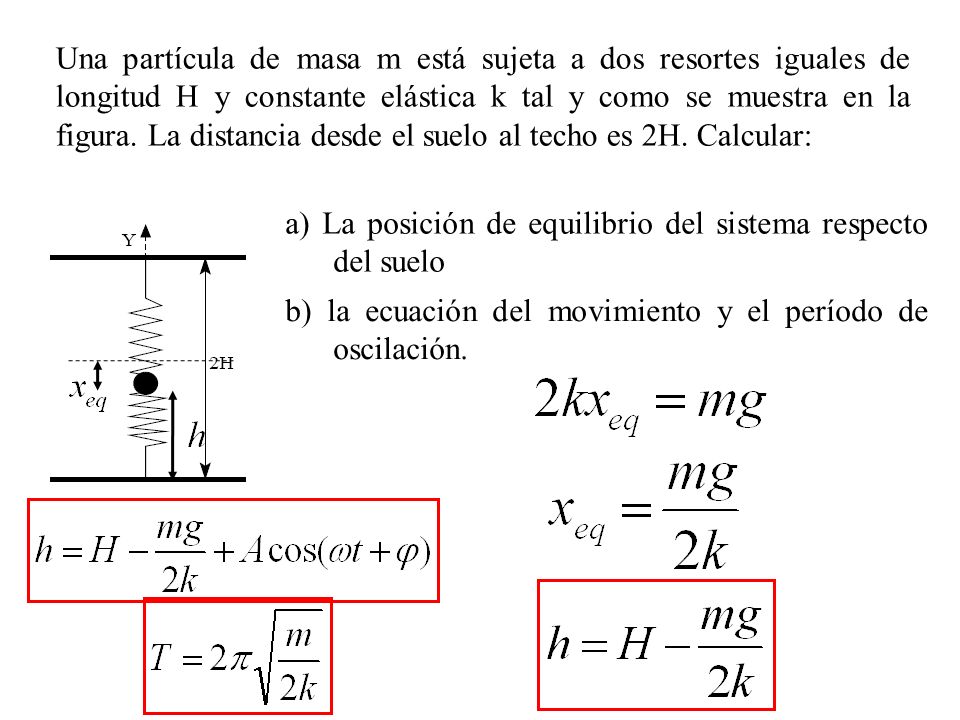 Una partícula de masa m está sujeta a dos resortes iguales de longitud H y constante elástica k tal y como se muestra en la figura. La distancia desde el suelo al techo es 2H. Calcular: