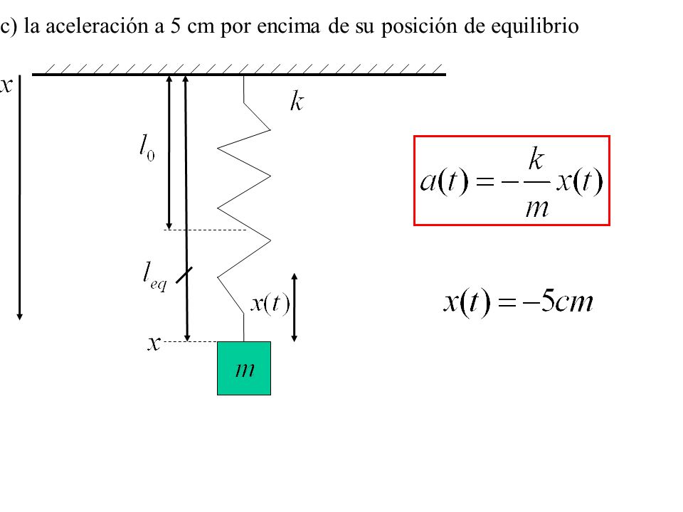 c) la aceleración a 5 cm por encima de su posición de equilibrio