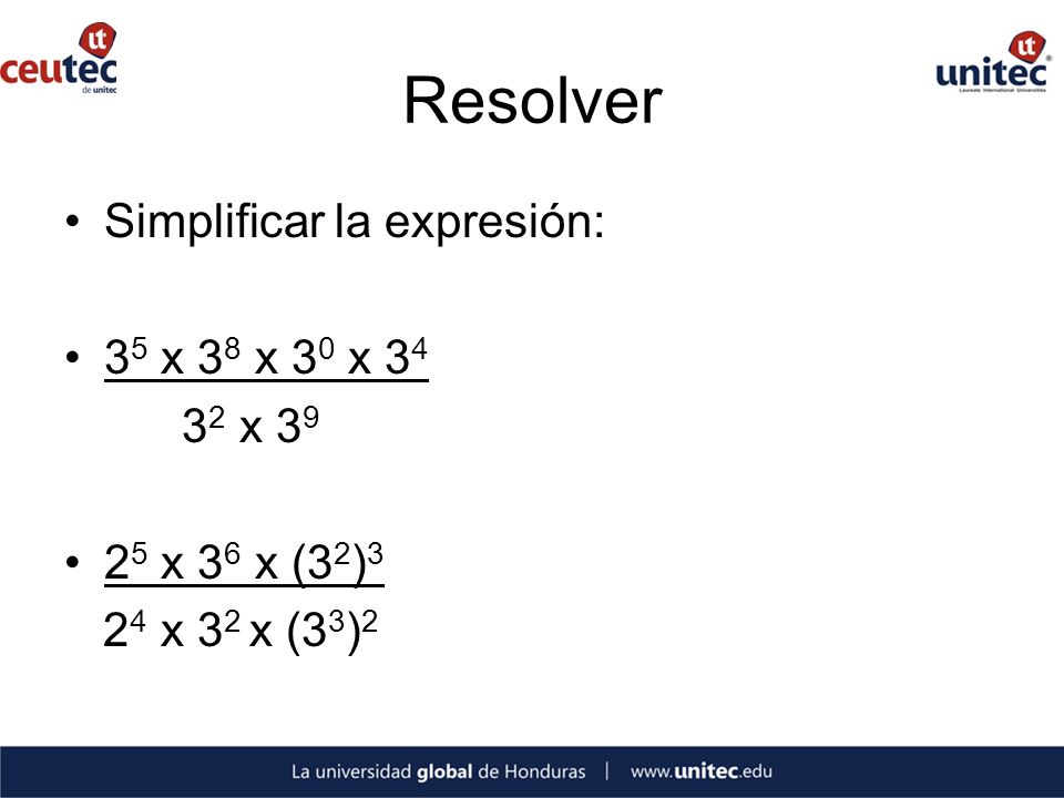 Resolver Simplificar la expresión: 35 x 38 x 30 x x 39