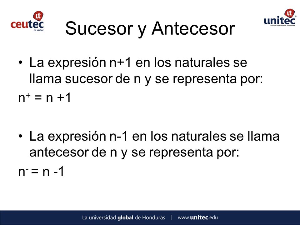 Sucesor y Antecesor La expresión n+1 en los naturales se llama sucesor de n y se representa por: n+ = n +1.