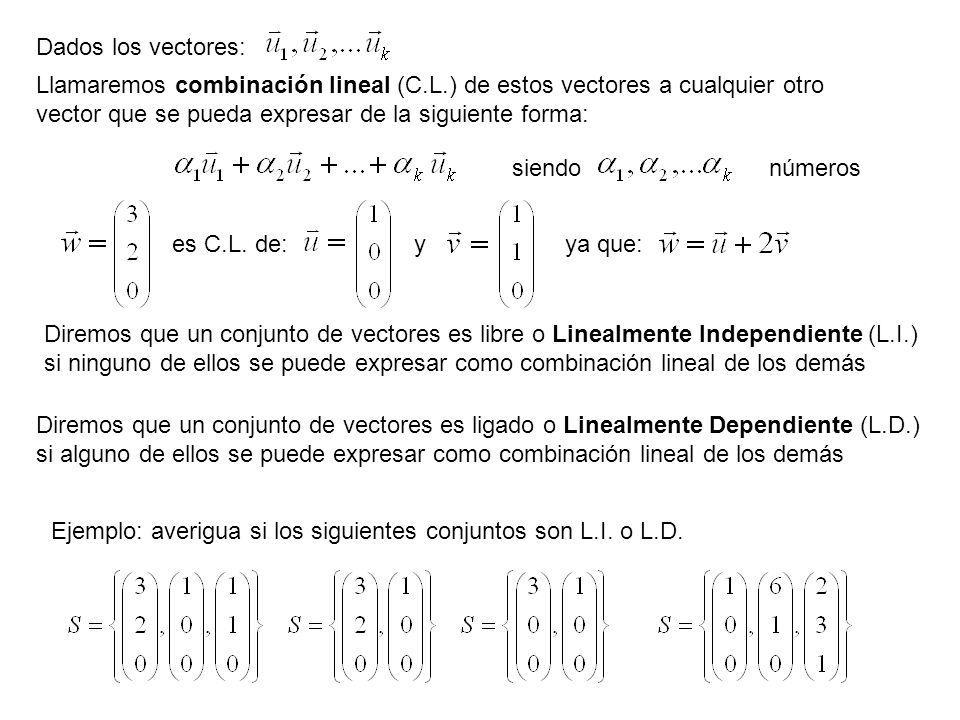 Dados los vectores: Llamaremos combinación lineal (C.L.) de estos vectores a cualquier otro vector que se pueda expresar de la siguiente forma: