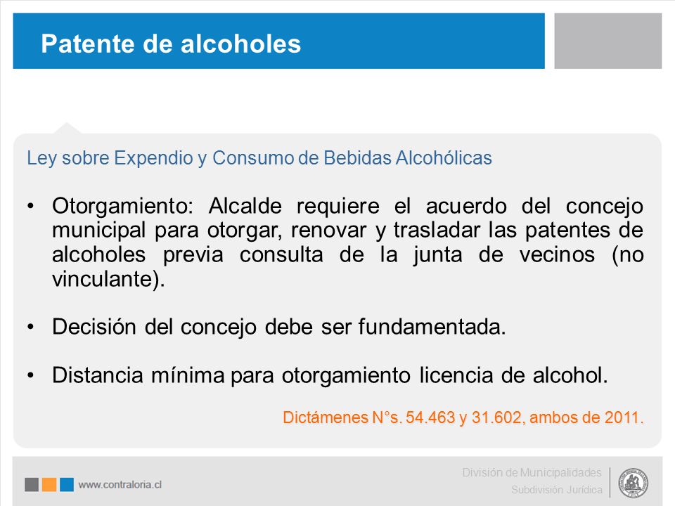 Patente de alcoholes Ley sobre Expendio y Consumo de Bebidas Alcohólicas.