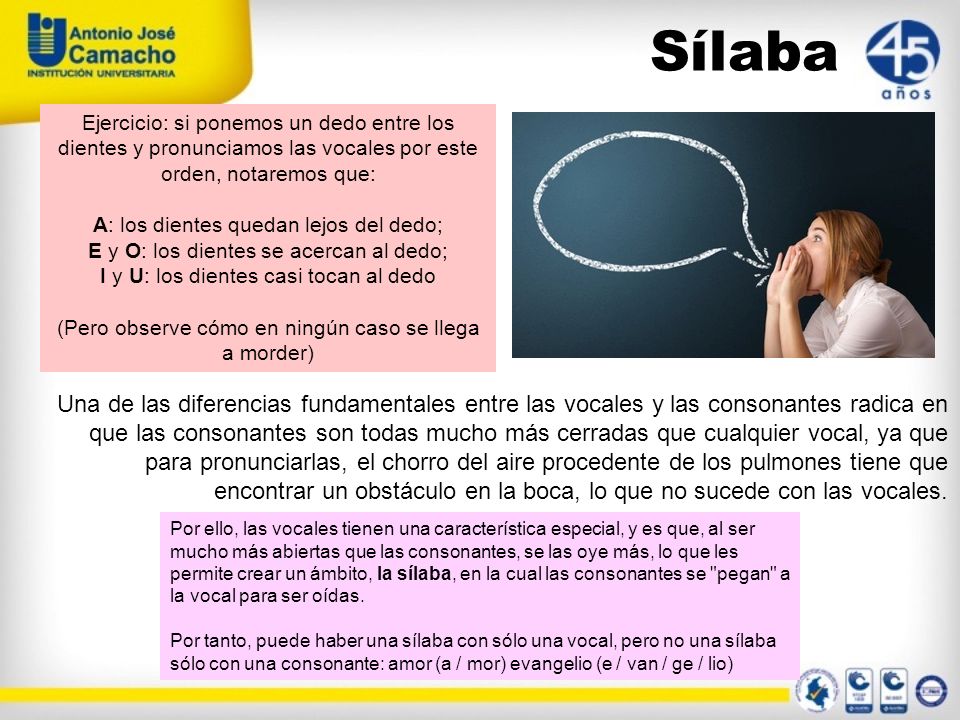 Sílaba Ejercicio: si ponemos un dedo entre los dientes y pronunciamos las vocales por este orden, notaremos que: