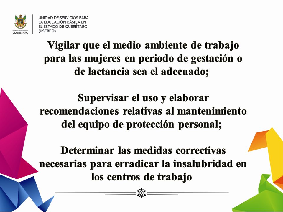 Vigilar que el medio ambiente de trabajo para las mujeres en periodo de gestación o de lactancia sea el adecuado; Supervisar el uso y elaborar recomendaciones relativas al mantenimiento del equipo de protección personal; Determinar las medidas correctivas necesarias para erradicar la insalubridad en los centros de trabajo