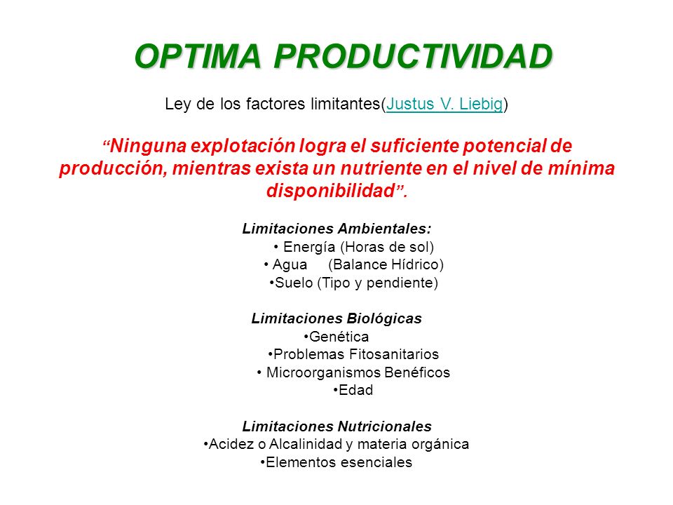 OPTIMA PRODUCTIVIDAD Ley de los factores limitantes(Justus V. Liebig)
