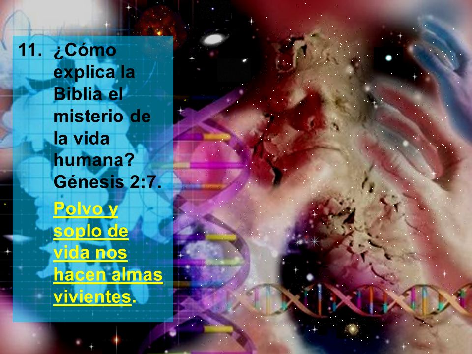 11. ¿Cómo explica la Biblia el misterio de la vida humana Génesis 2:7.
