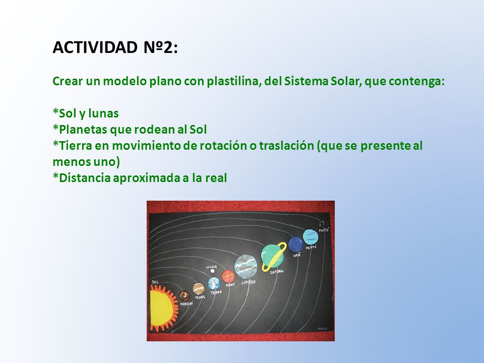 ACTIVIDAD Nº2: Crear un modelo plano con plastilina, del Sistema Solar, que contenga: *Sol y lunas.