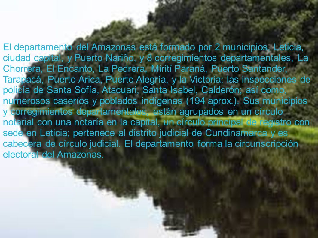 El departamento del Amazonas está formado por 2 municipios, Leticia, ciudad capital, y Puerto Nariño, y 8 corregimientos departamentales, La Chorrera, El Encanto, La Pedrera, Mirití Paraná, Puerto Santander, Tarapacá, Puerto Arica, Puerto Alegría, y la Victoria; las inspecciones de policía de Santa Sofía, Atacuari, Santa Isabel, Calderón; así como, numerosos caseríos y poblados indígenas (194 aprox.).