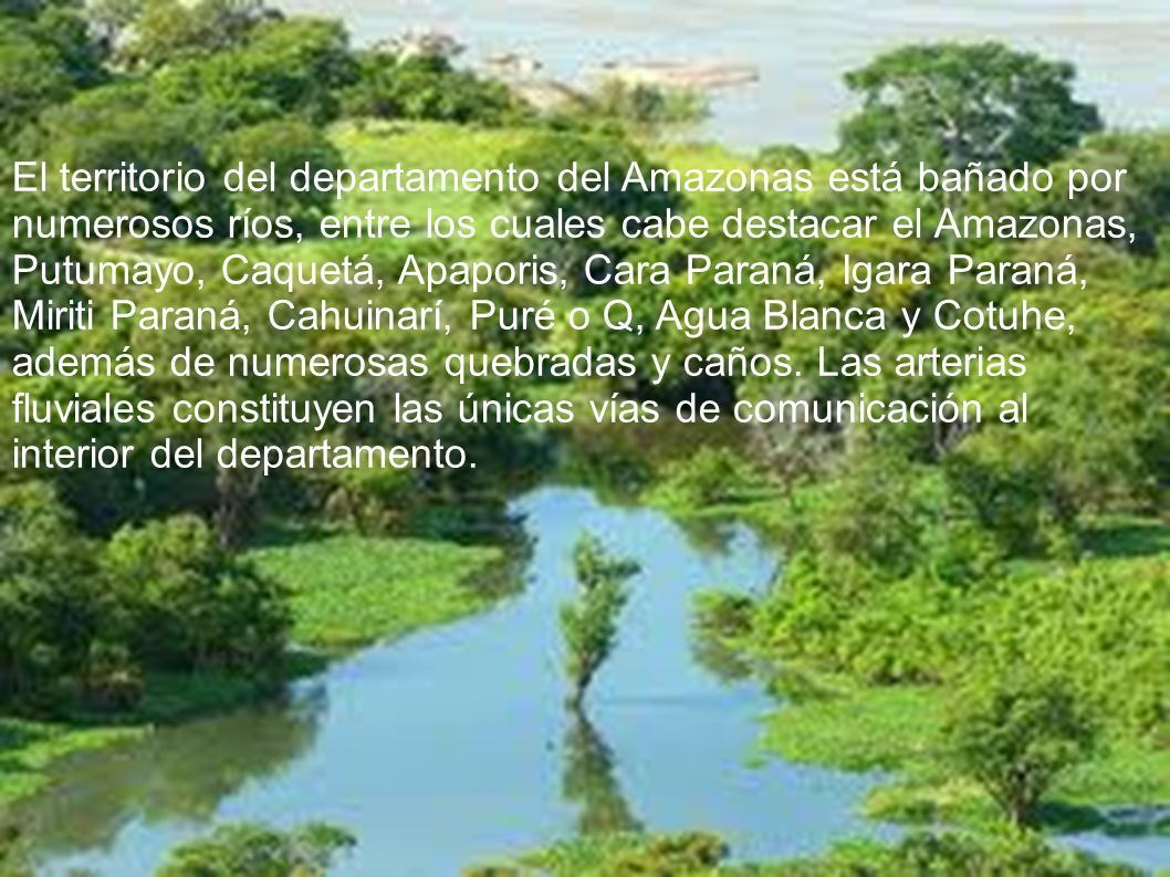 El territorio del departamento del Amazonas está bañado por numerosos ríos, entre los cuales cabe destacar el Amazonas, Putumayo, Caquetá, Apaporis, Cara Paraná, Igara Paraná, Miriti Paraná, Cahuinarí, Puré o Q, Agua Blanca y Cotuhe, además de numerosas quebradas y caños.