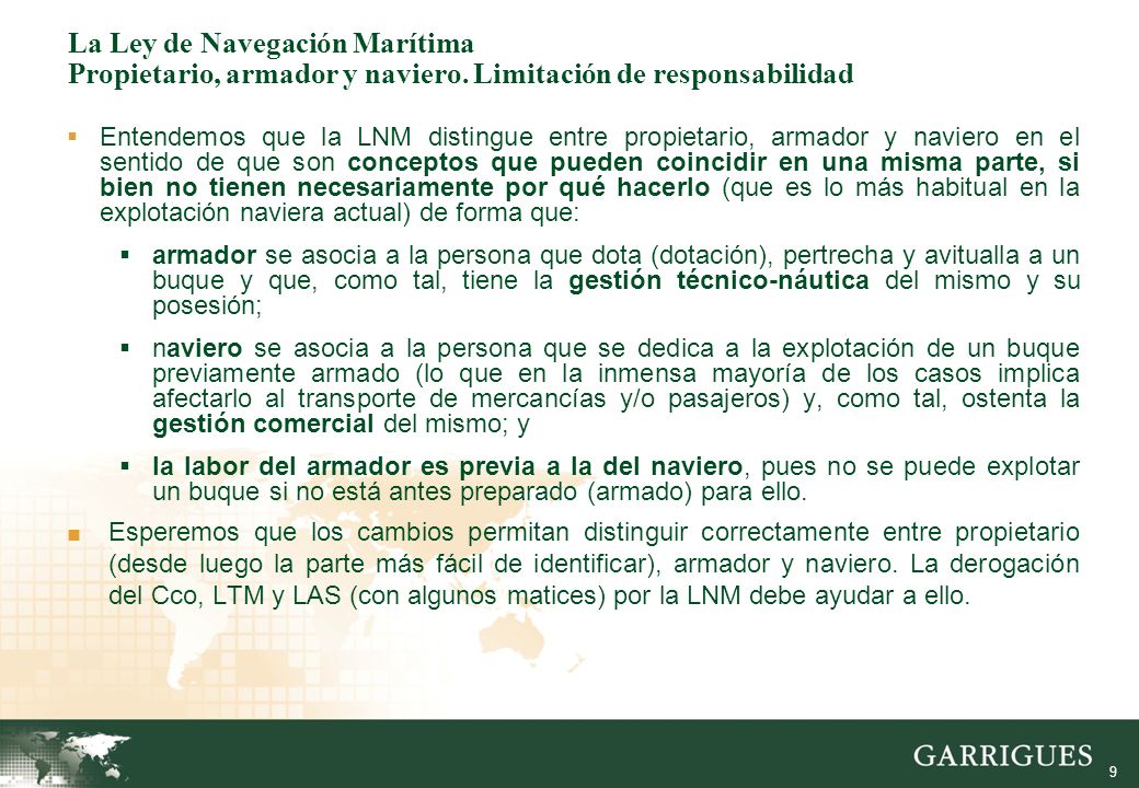 La Ley de Navegación Marítima Propietario, armador y naviero