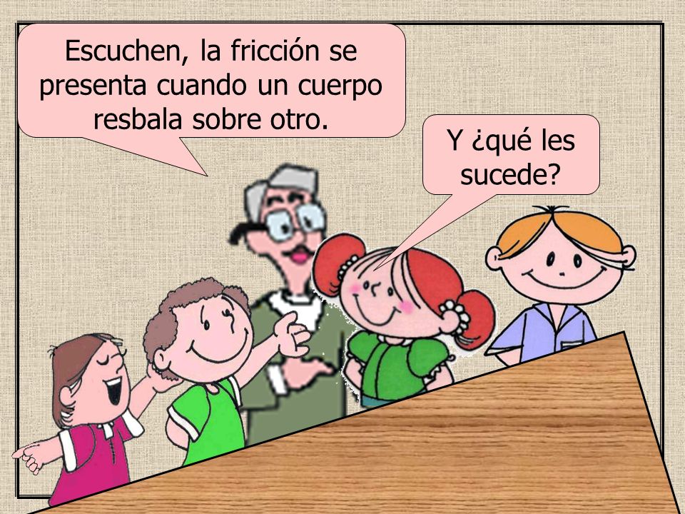 Escuchen, la fricción se presenta cuando un cuerpo resbala sobre otro.