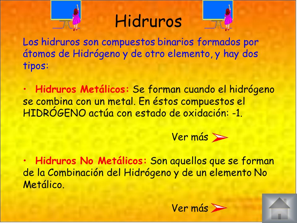 Hidruros Los hidruros son compuestos binarios formados por átomos de Hidrógeno y de otro elemento, y hay dos tipos: