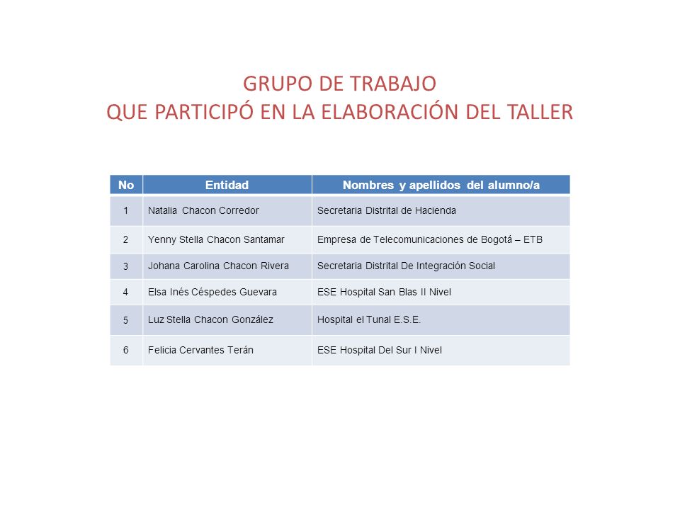 GRUPO DE TRABAJO QUE PARTICIPÓ EN LA ELABORACIÓN DEL TALLER
