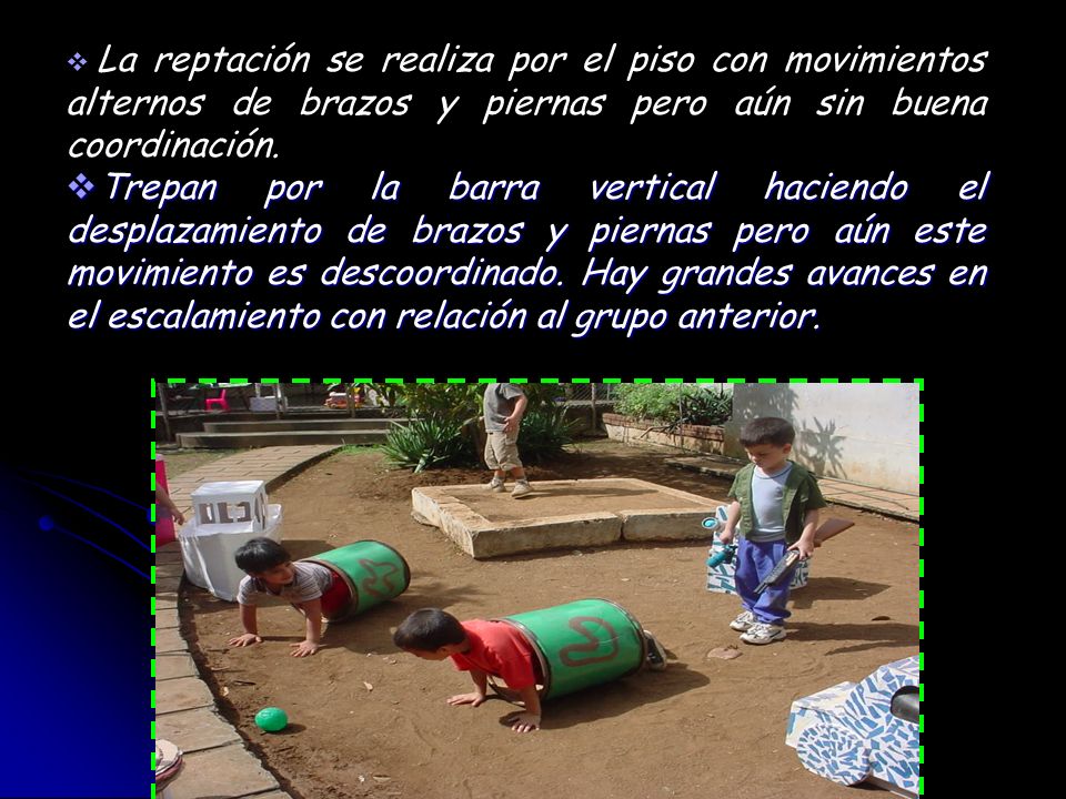 La reptación se realiza por el piso con movimientos alternos de brazos y piernas pero aún sin buena coordinación.