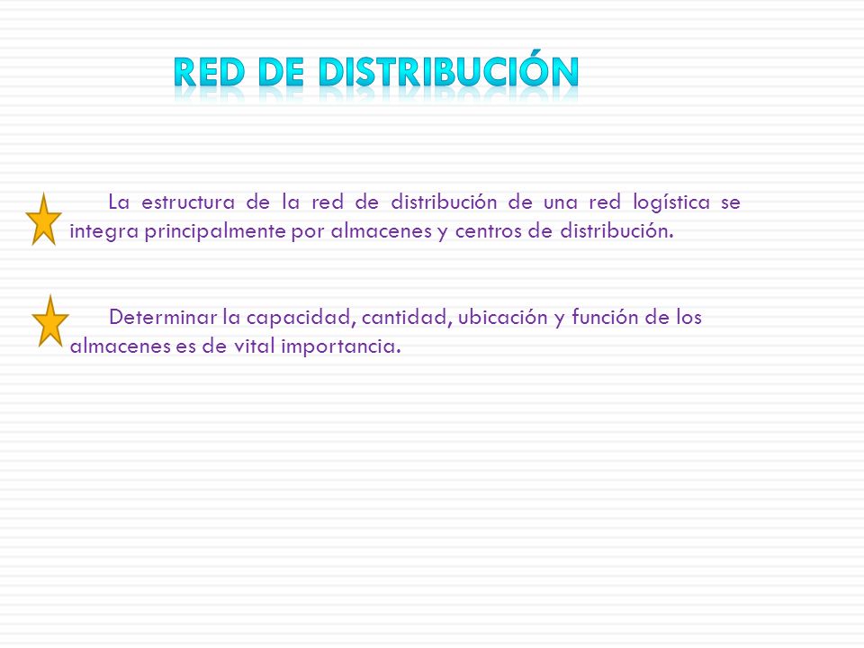 Red de Distribución La estructura de la red de distribución de una red logística se integra principalmente por almacenes y centros de distribución.