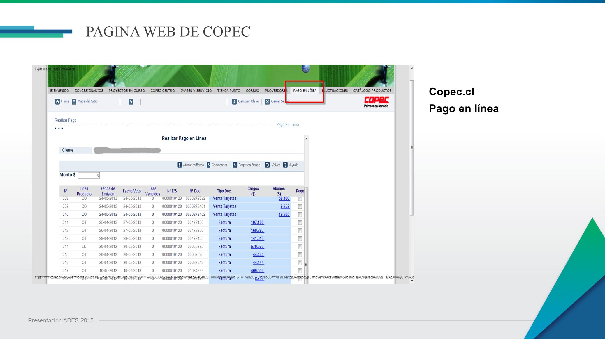 PAGINA WEB DE COPEC Copec.cl Pago en línea Presentación ADES 2015