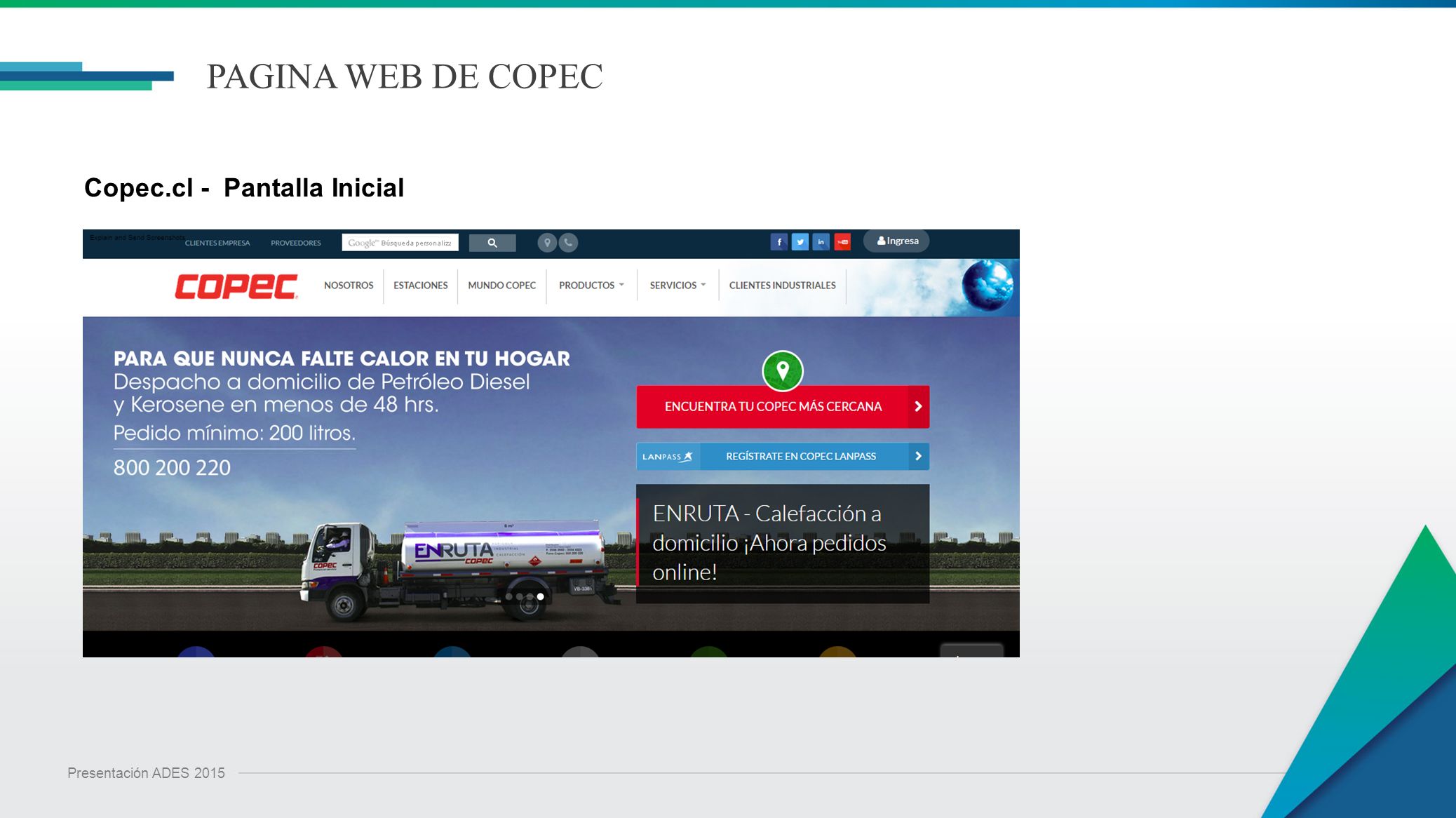 PAGINA WEB DE COPEC Copec.cl - Pantalla Inicial Presentación ADES 2015