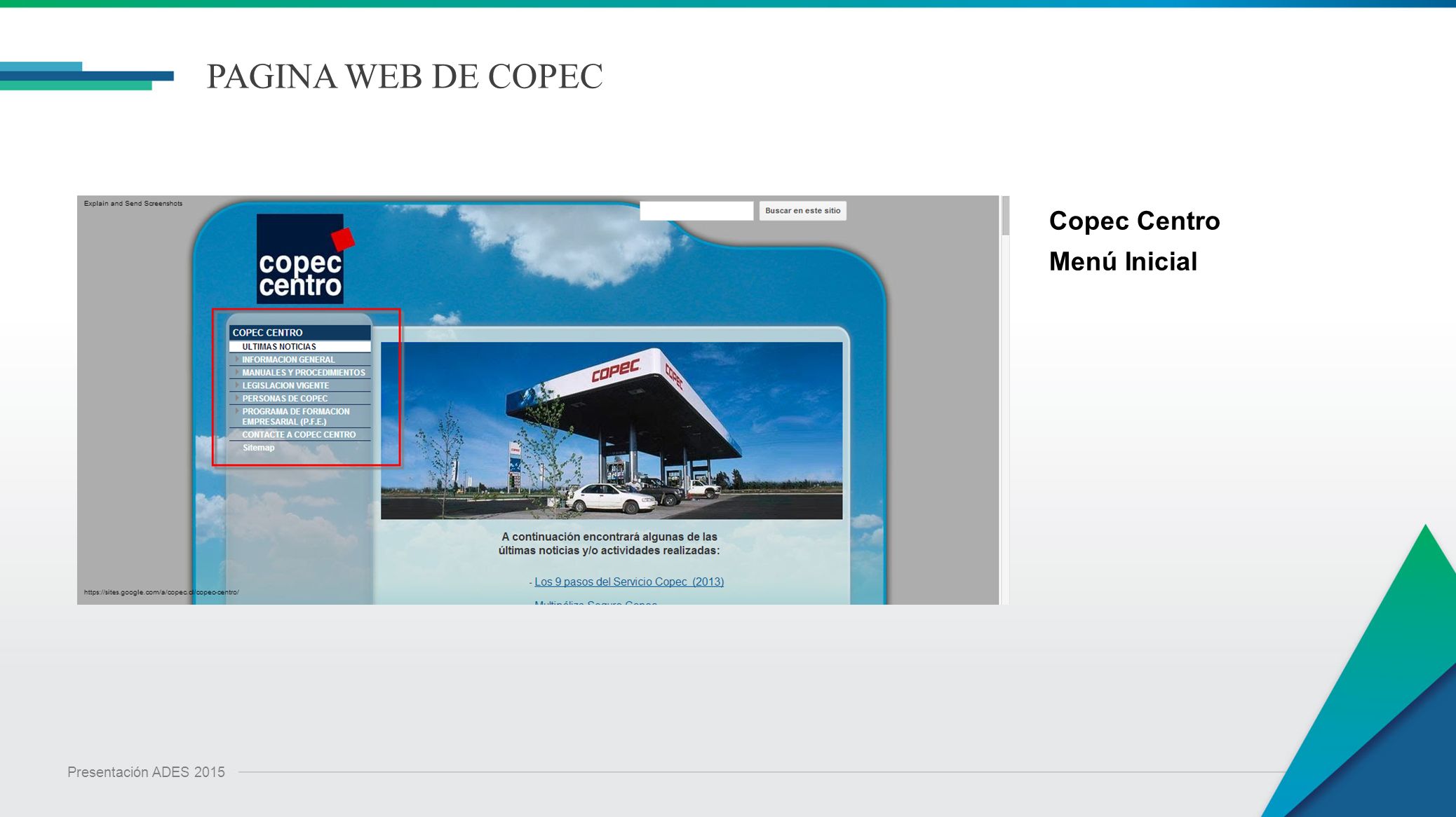 PAGINA WEB DE COPEC Copec Centro Menú Inicial Presentación ADES 2015