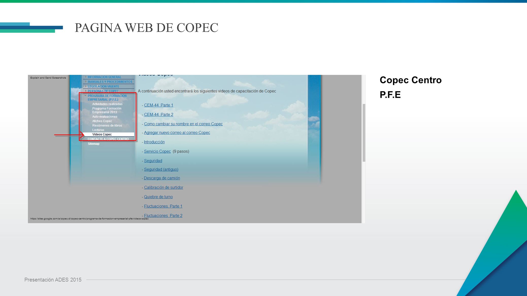 PAGINA WEB DE COPEC Copec Centro P.F.E Presentación ADES 2015