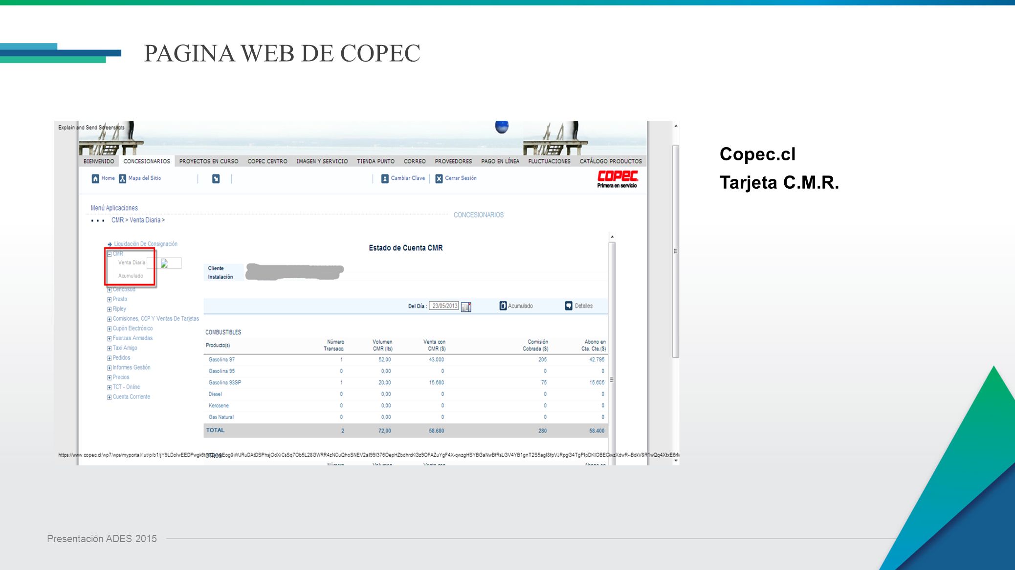 PAGINA WEB DE COPEC Copec.cl Tarjeta C.M.R. Presentación ADES 2015