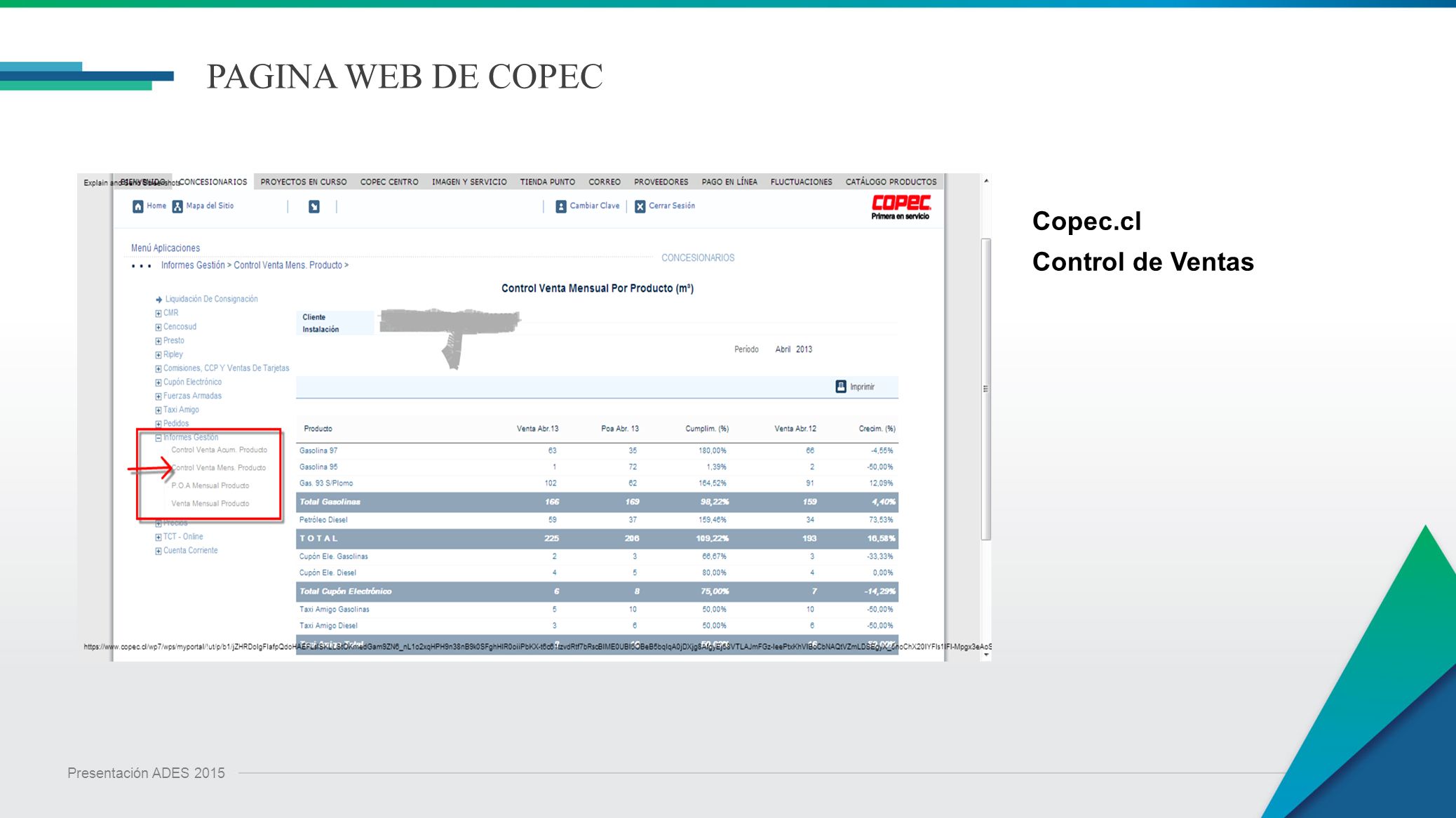 PAGINA WEB DE COPEC Copec.cl Control de Ventas Presentación ADES 2015