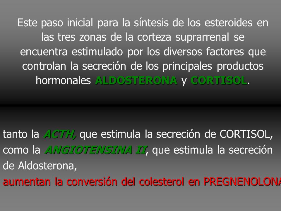 Este paso inicial para la síntesis de los esteroides en las tres zonas de la corteza suprarrenal se encuentra estimulado por los diversos factores que controlan la secreción de los principales productos hormonales ALDOSTERONA y CORTISOL.