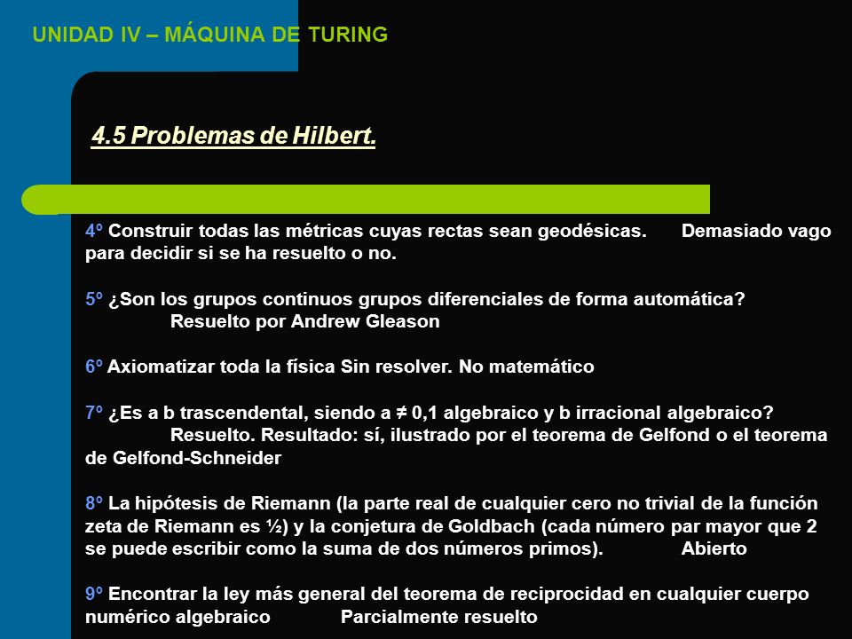 4.5 Problemas de Hilbert. 4º Construir todas las métricas cuyas rectas sean geodésicas. Demasiado vago para decidir si se ha resuelto o no.