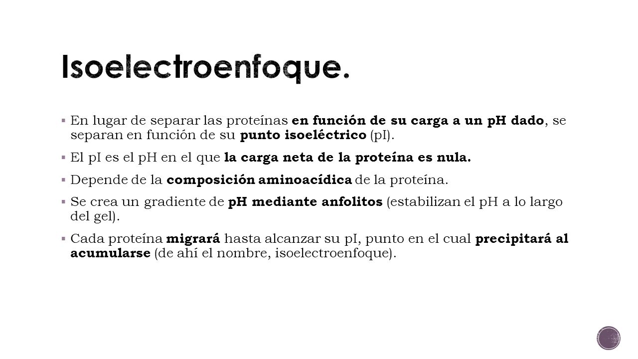 Isoelectroenfoque. En lugar de separar las proteínas en función de su carga a un pH dado, se separan en función de su punto isoeléctrico (pI).